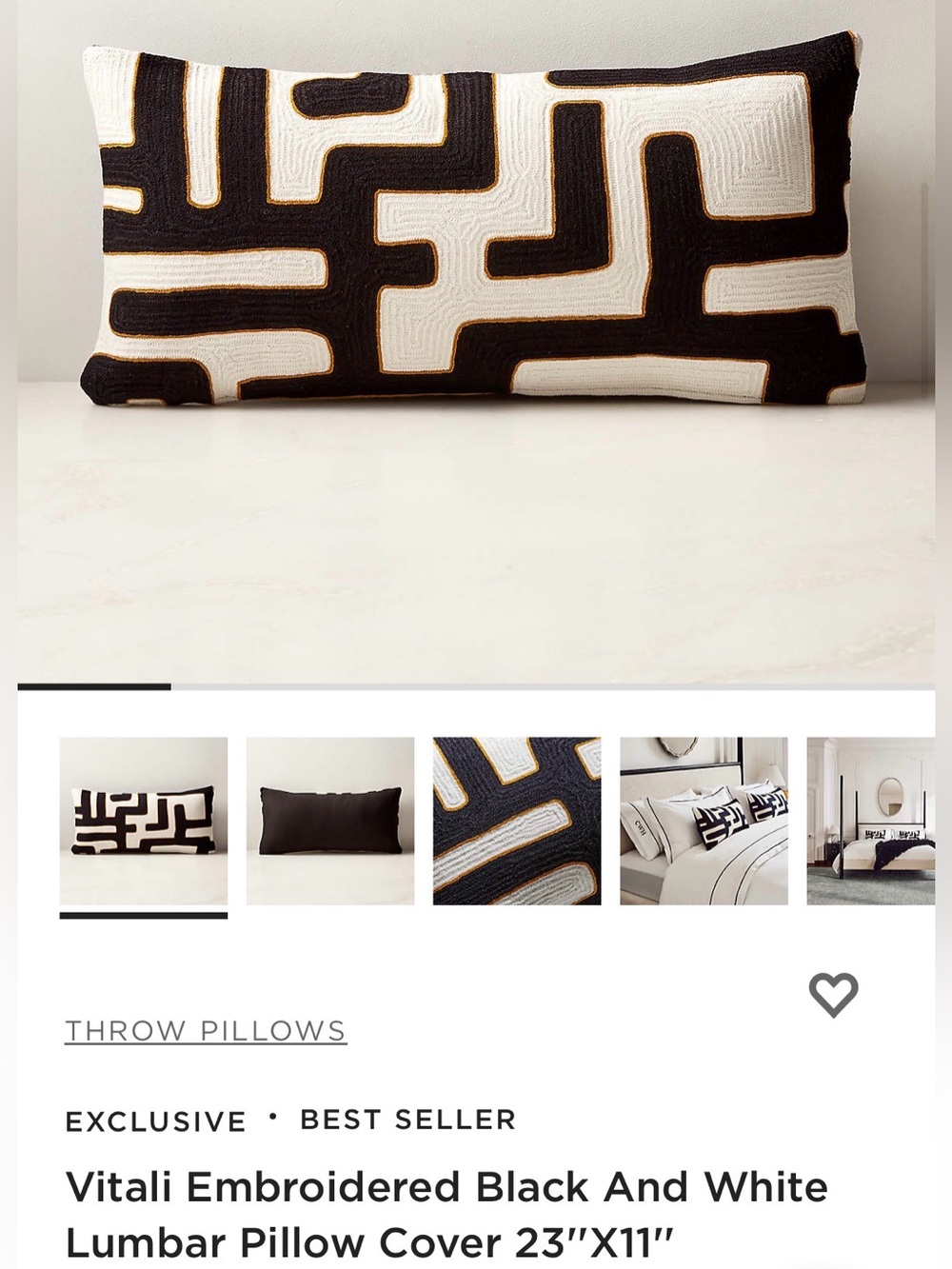 NEW CB2 Black and White Embroidered Geometric Lumbar Pillow